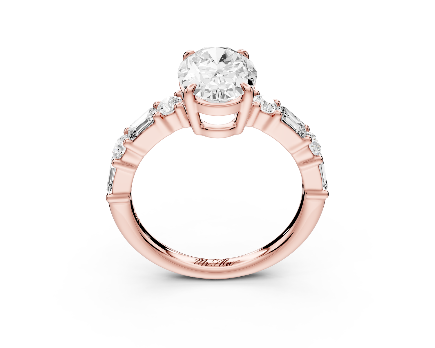 Juliette - 2ct 14k rose gold oval with Alternating Round and Emerald 8-Stone Band Engagement Ring
