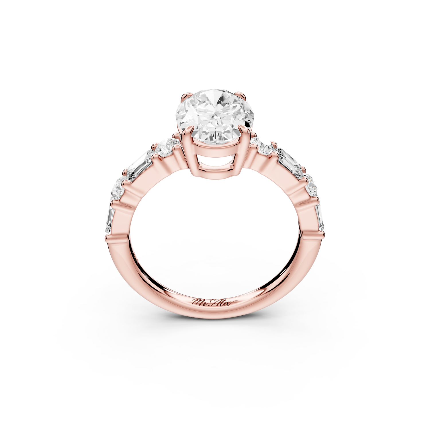 Juliette - 2ct 14k rose gold oval with Alternating Round and Emerald 8-Stone Band Engagement Ring