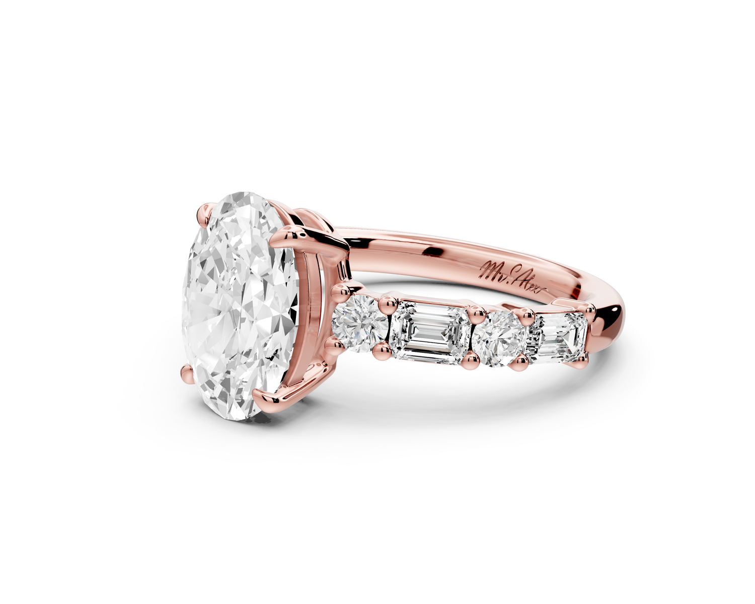 Juliette - 2ct 14k rose gold oval with Alternating Round and Emerald 8-Stone Band Engagement Ring