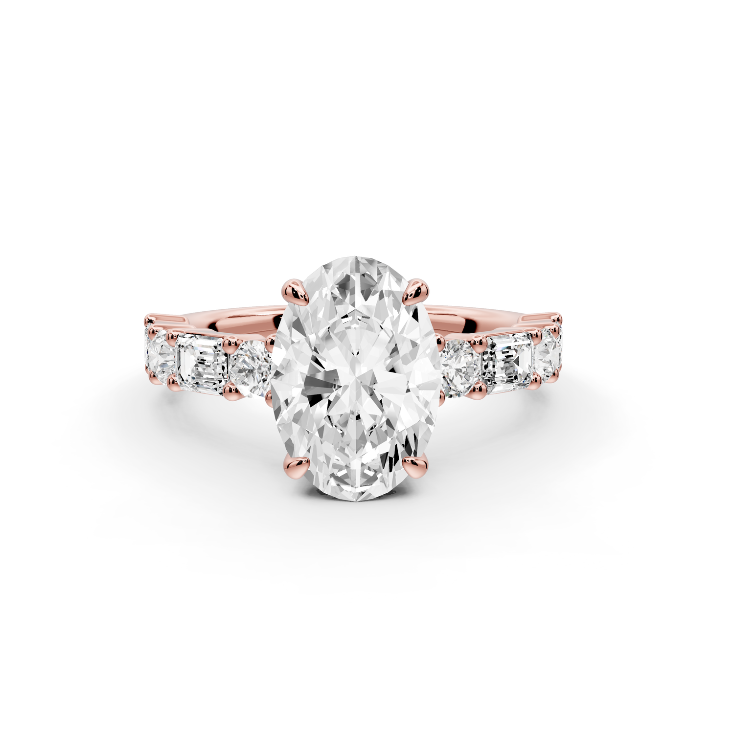 Juliette - 2ct 14k rose gold oval with Alternating Round and Emerald 8-Stone Band Engagement Ring