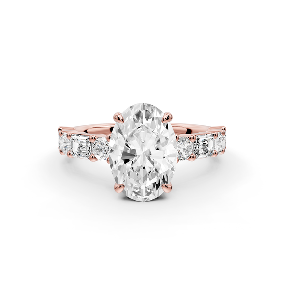 Juliette - 2ct 14k rose gold oval with Alternating Round and Emerald 8-Stone Band Engagement Ring