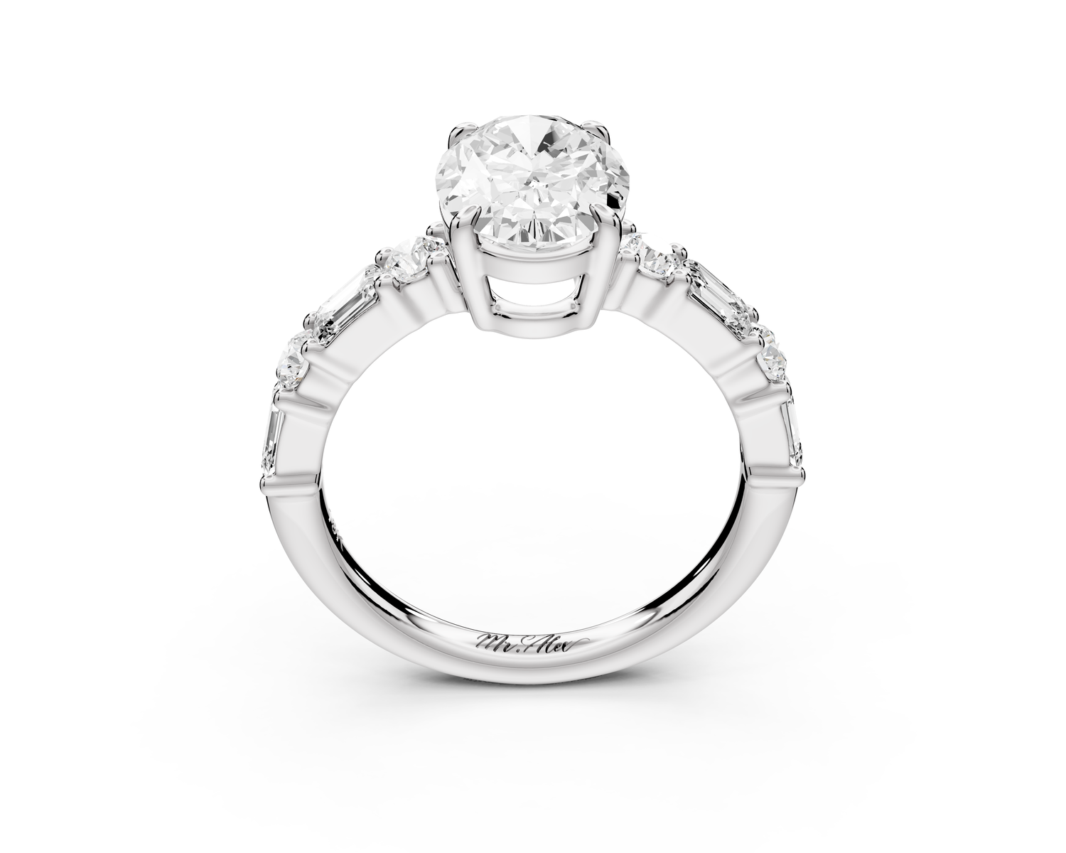 Juliette - 2ct 14k white gold oval with Alternating Round and Emerald 8-Stone Band Engagement Ring