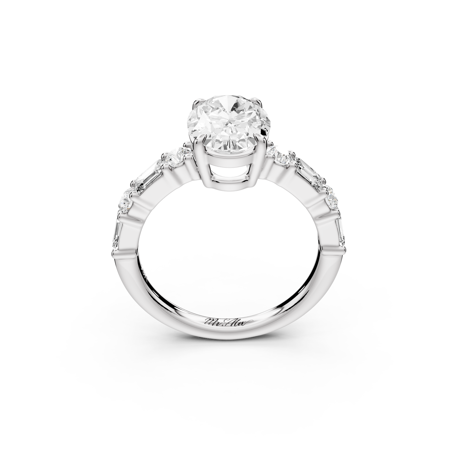 Juliette - 2ct 14k white gold oval with Alternating Round and Emerald 8-Stone Band Engagement Ring