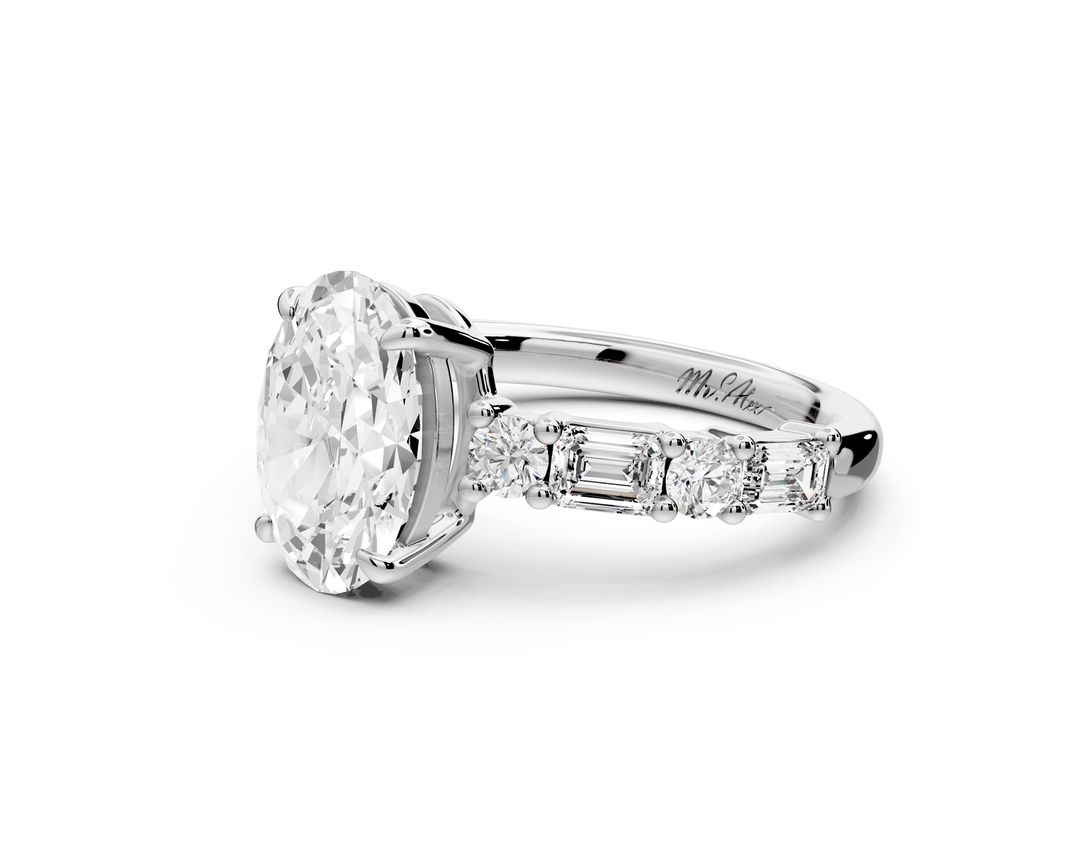Juliette - 2ct 14k white gold oval with Alternating Round and Emerald 8-Stone Band Engagement Ring