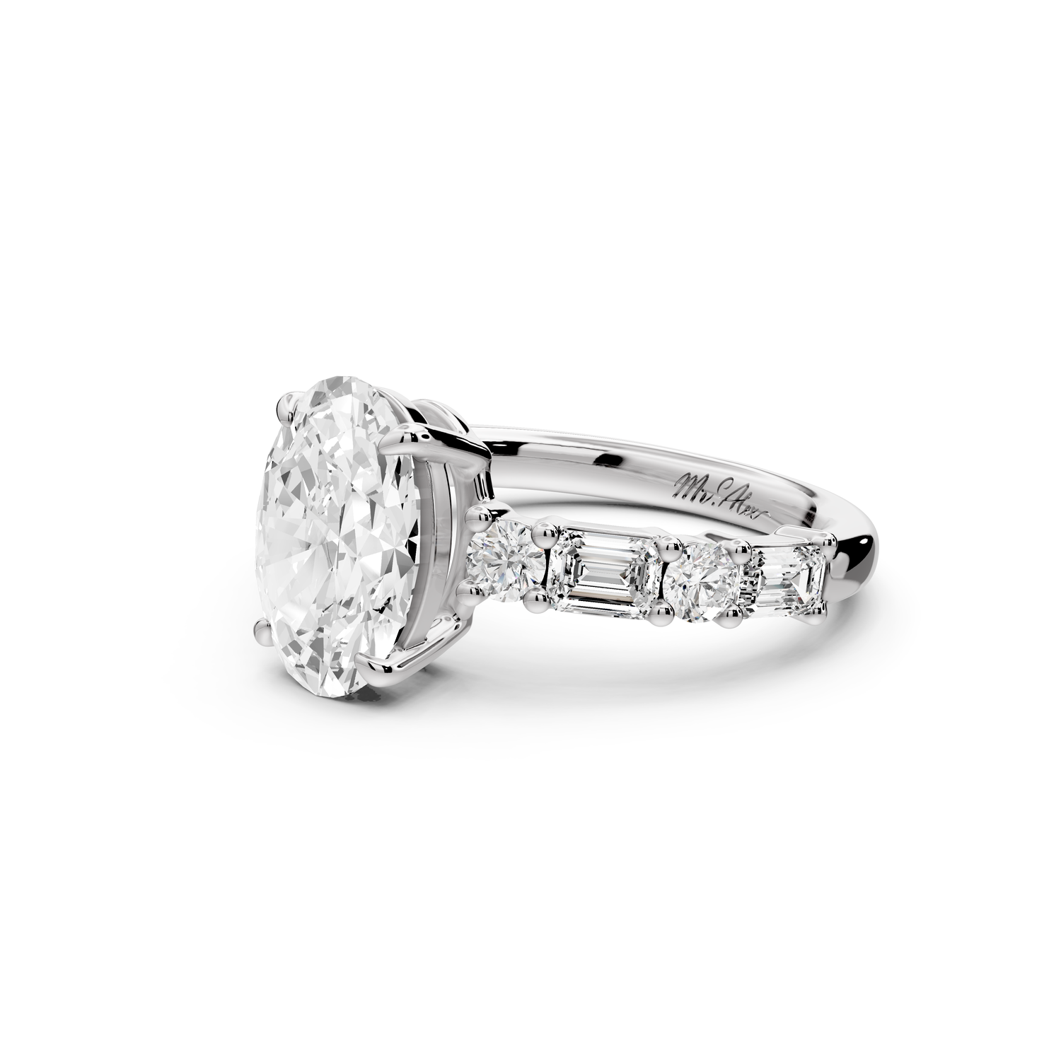 Juliette - 2ct 14k white gold oval with Alternating Round and Emerald 8-Stone Band Engagement Ring