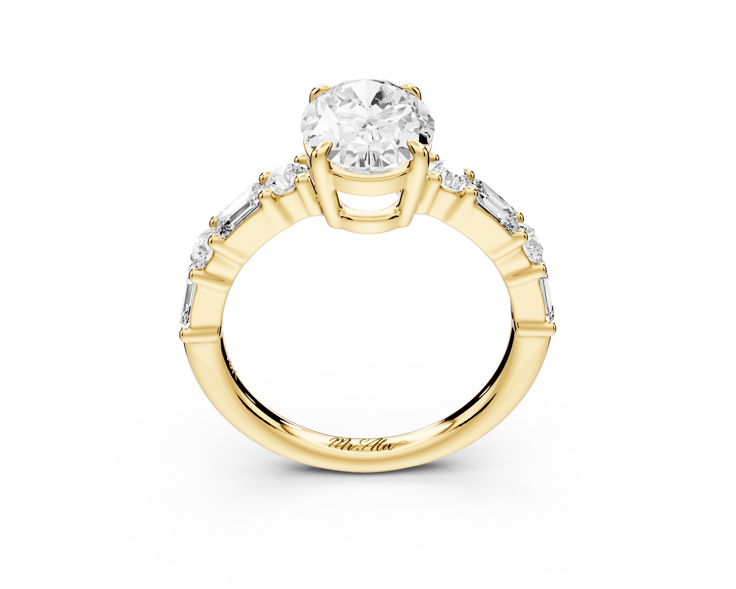 Juliette - 2ct 14k yellow gold oval with Alternating Round and Emerald 8-Stone Band Engagement Ring