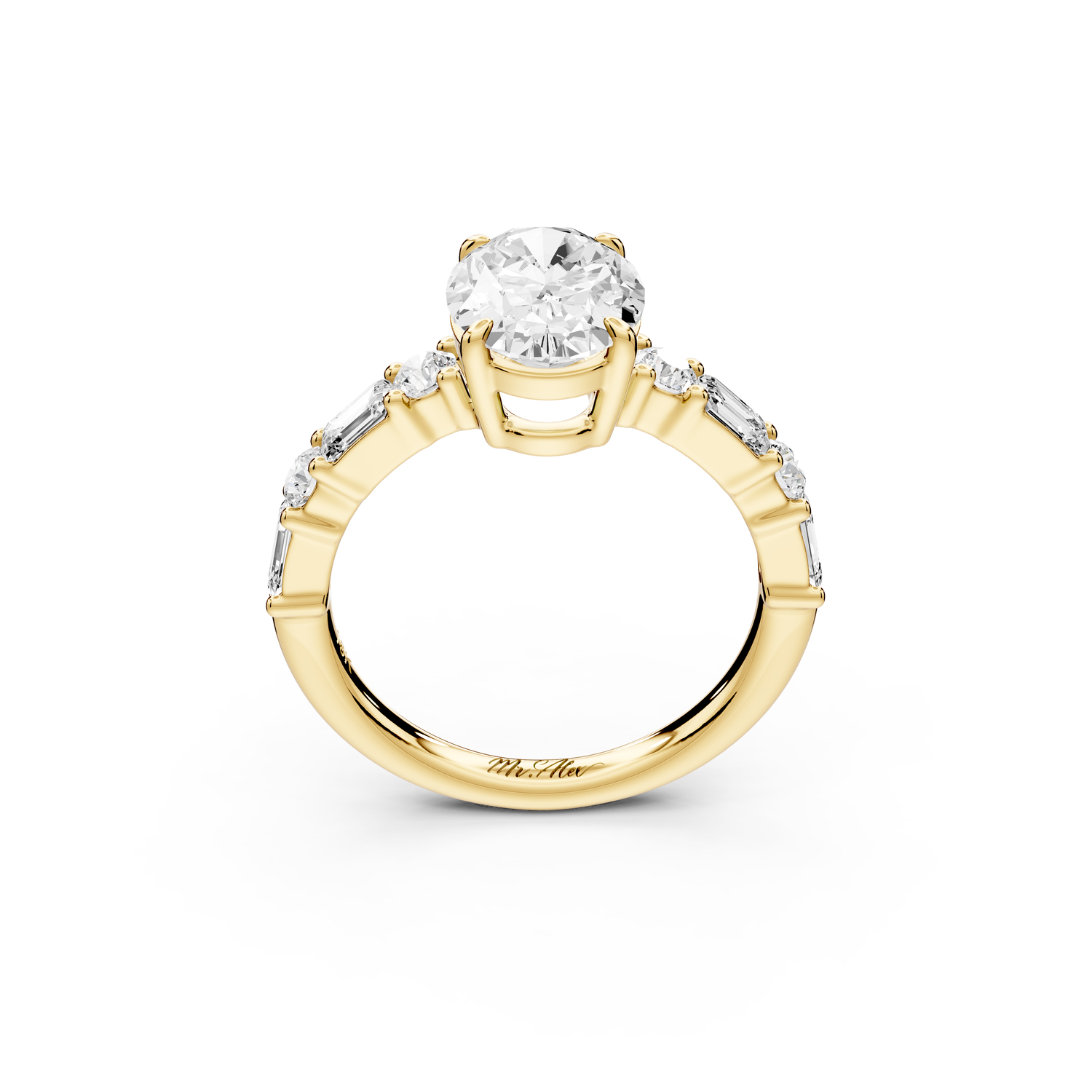 Juliette - 2ct 14k yellow gold oval with Alternating Round and Emerald 8-Stone Band Engagement Ring