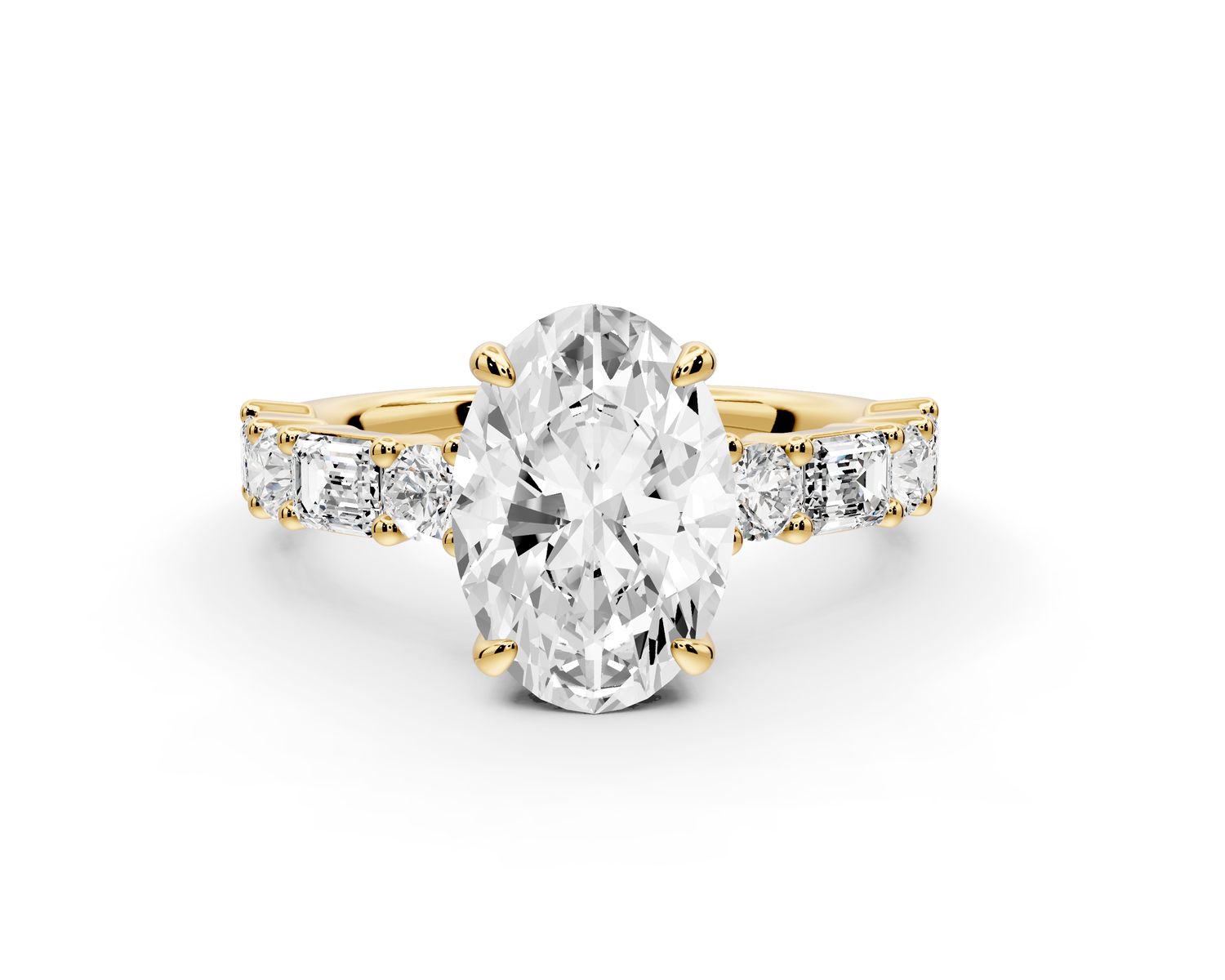 Juliette - 2ct 14k yellow gold oval with Alternating Round and Emerald 8-Stone Band Engagement Ring