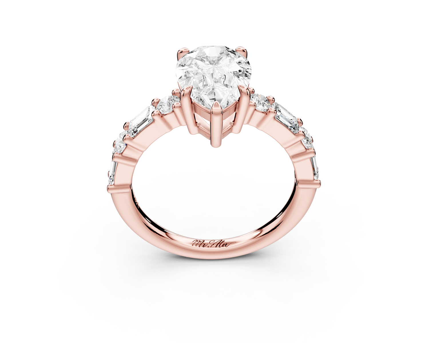 Juliette - 2ct 14k rose gold pear with Alternating Round and Emerald 8-Stone Band Engagement Ring