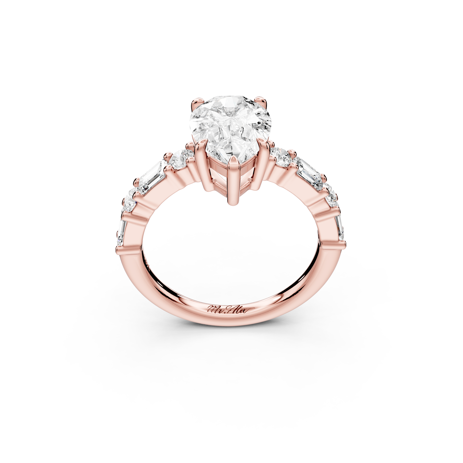 Juliette - 2ct 14k rose gold pear with Alternating Round and Emerald 8-Stone Band Engagement Ring