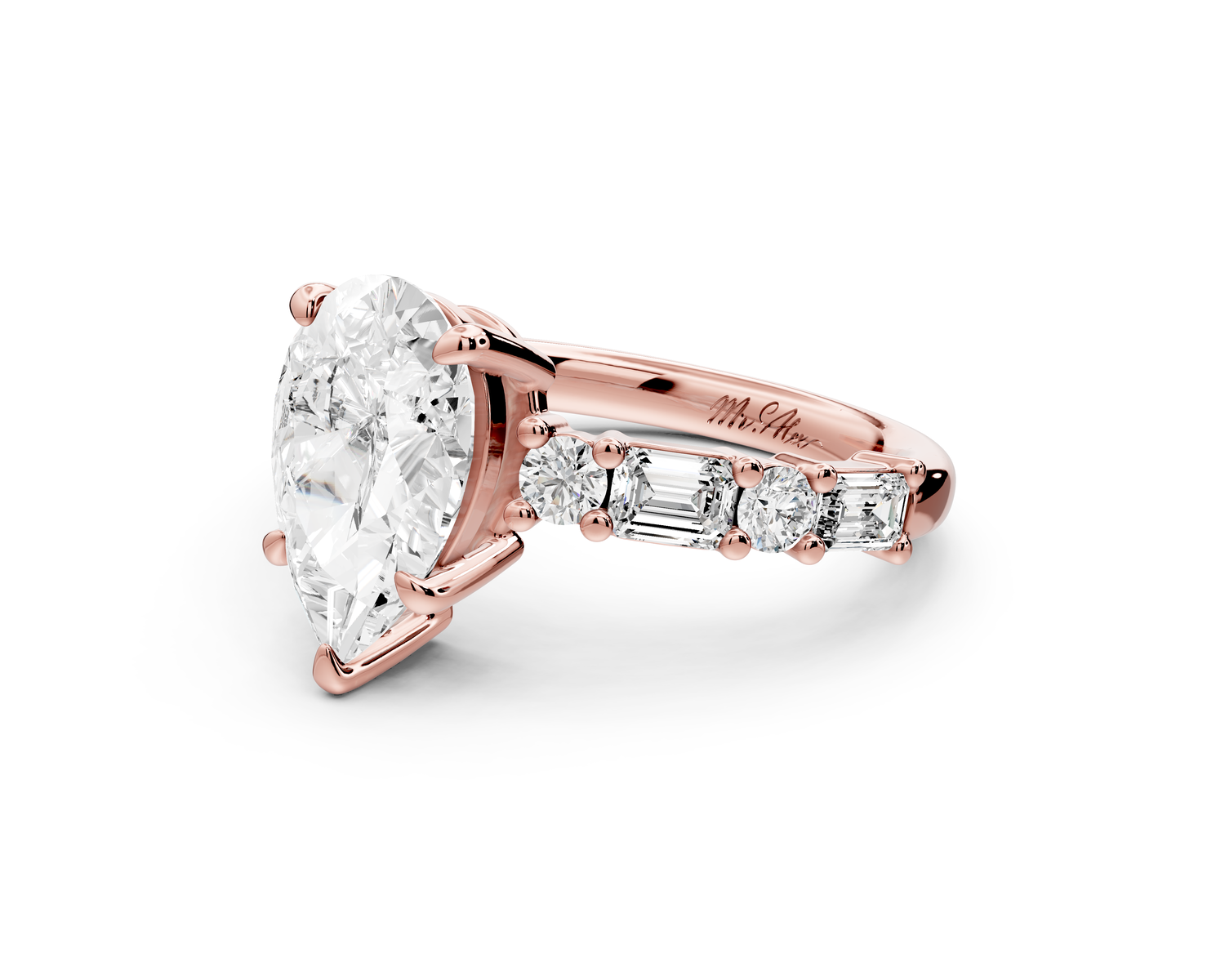 Juliette - 2ct 14k rose gold pear with Alternating Round and Emerald 8-Stone Band Engagement Ring