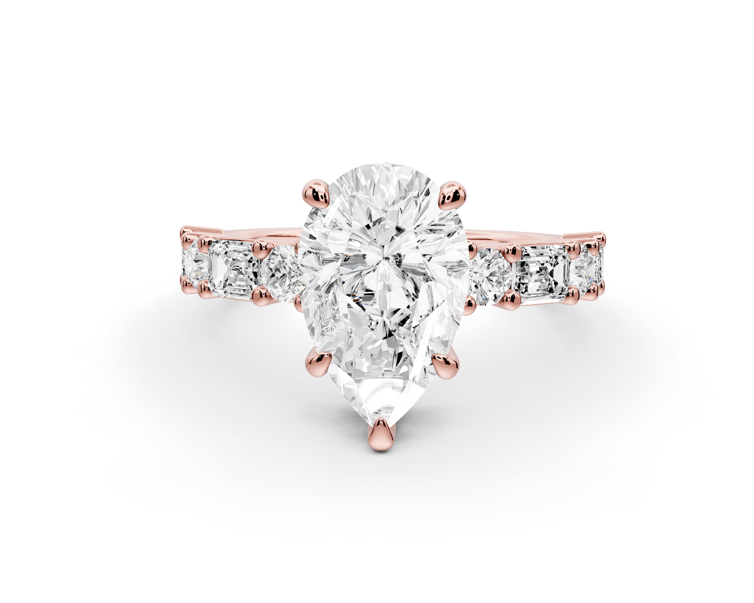 Juliette - 2ct 14k rose gold pear with Alternating Round and Emerald 8-Stone Band Engagement Ring