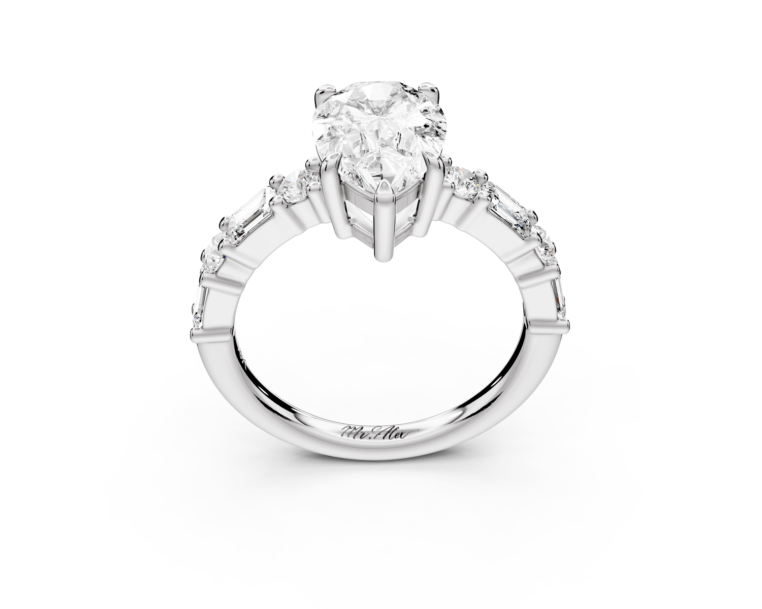 Juliette - 2ct 14k white gold pear with Alternating Round and Emerald 8-Stone Band Engagement Ring