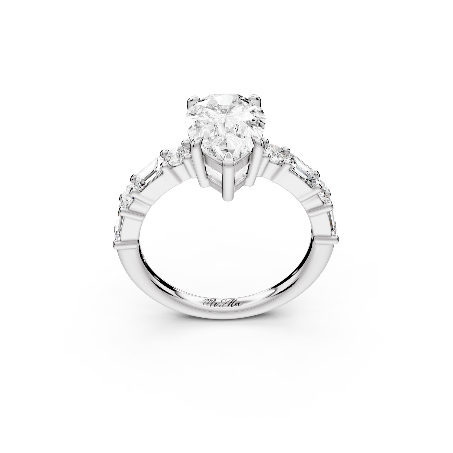 Juliette - 2ct 14k white gold pear with Alternating Round and Emerald 8-Stone Band Engagement Ring