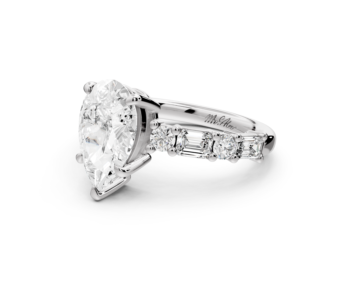 Juliette - 2ct 14k white gold pear with Alternating Round and Emerald 8-Stone Band Engagement Ring