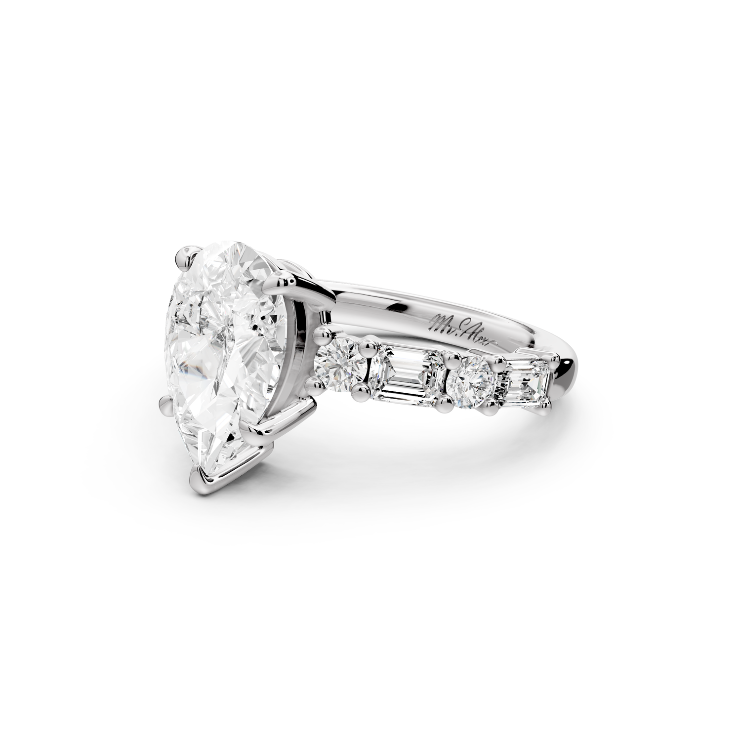 Juliette - 2ct 14k white gold pear with Alternating Round and Emerald 8-Stone Band Engagement Ring