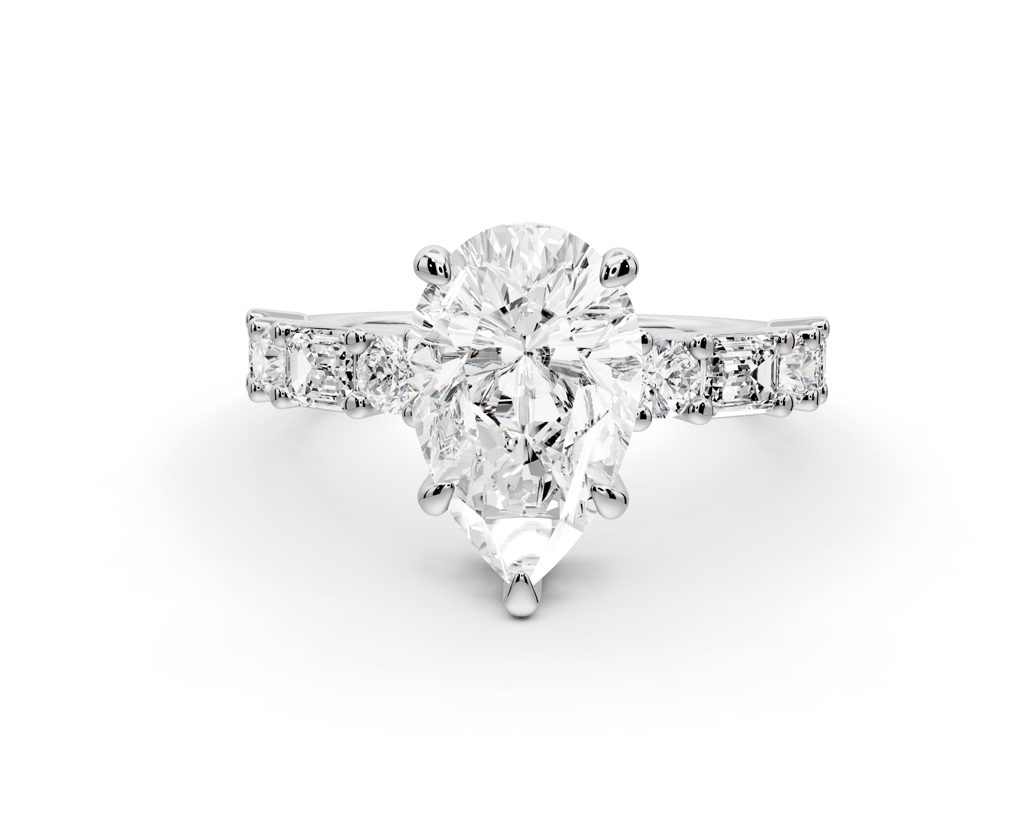 Juliette - 2ct 14k white gold pear with Alternating Round and Emerald 8-Stone Band Engagement Ring