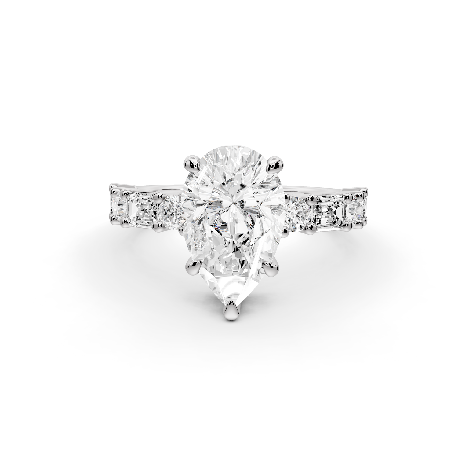 Juliette - 2ct 14k white gold pear with Alternating Round and Emerald 8-Stone Band Engagement Ring