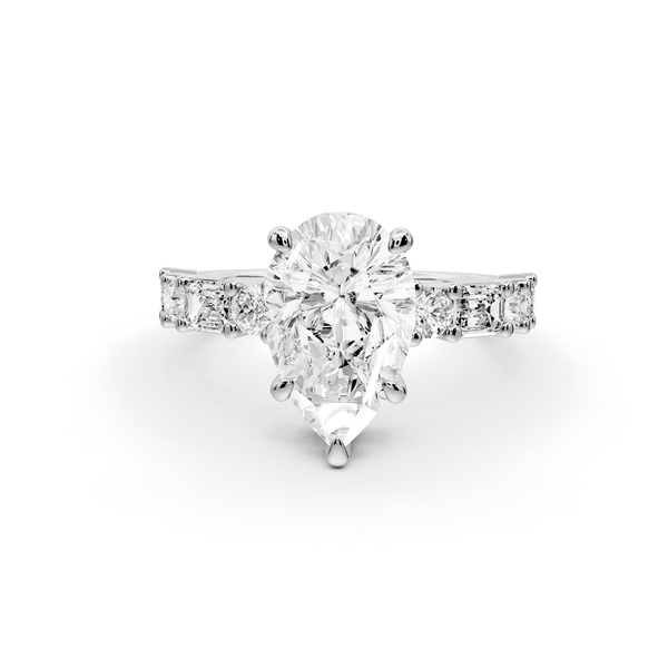 Juliette - 2ct 14k white gold pear with Alternating Round and Emerald 8-Stone Band Engagement Ring