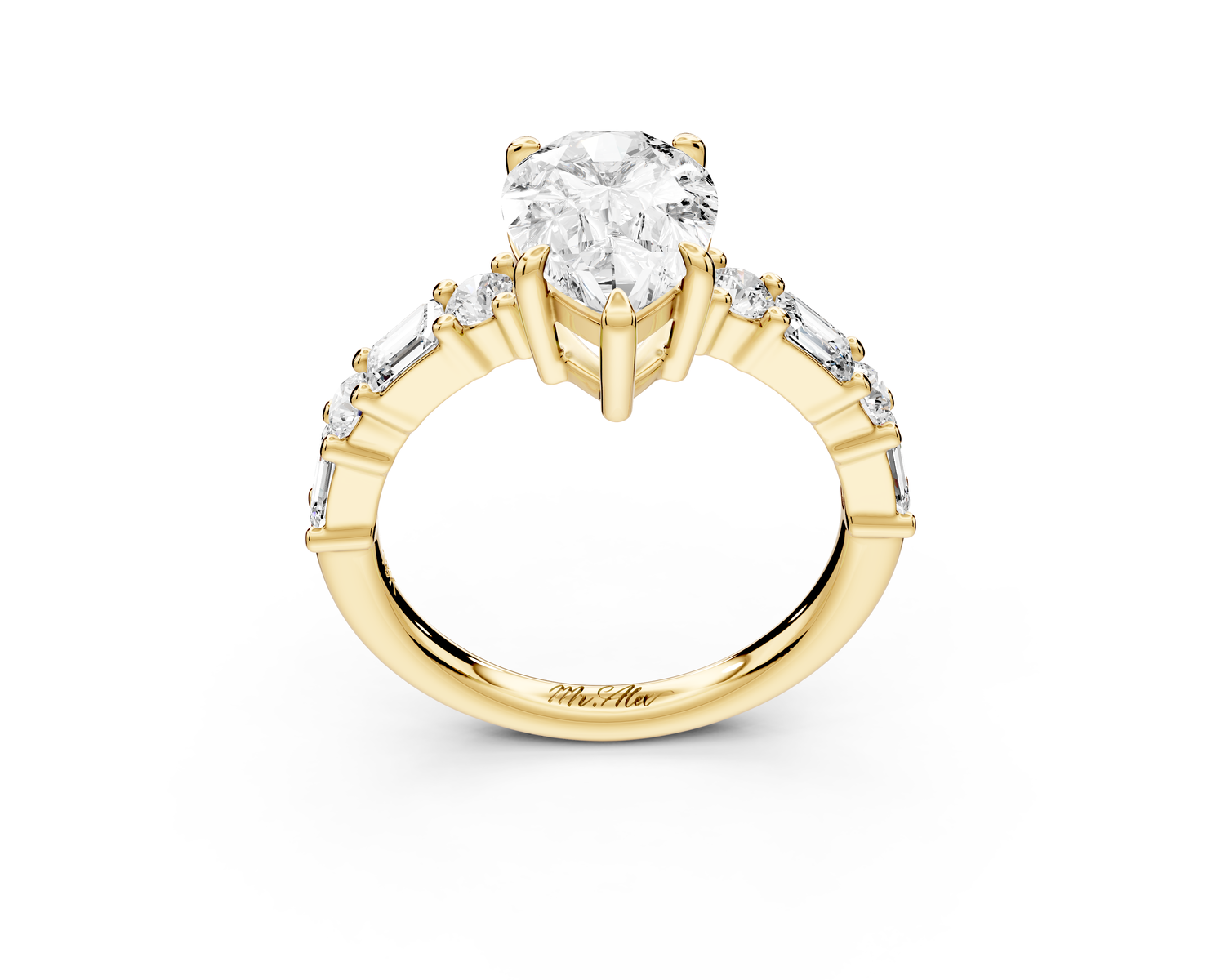 Juliette - 2ct 14k yellow gold pear with Alternating Round and Emerald 8-Stone Band Engagement Ring