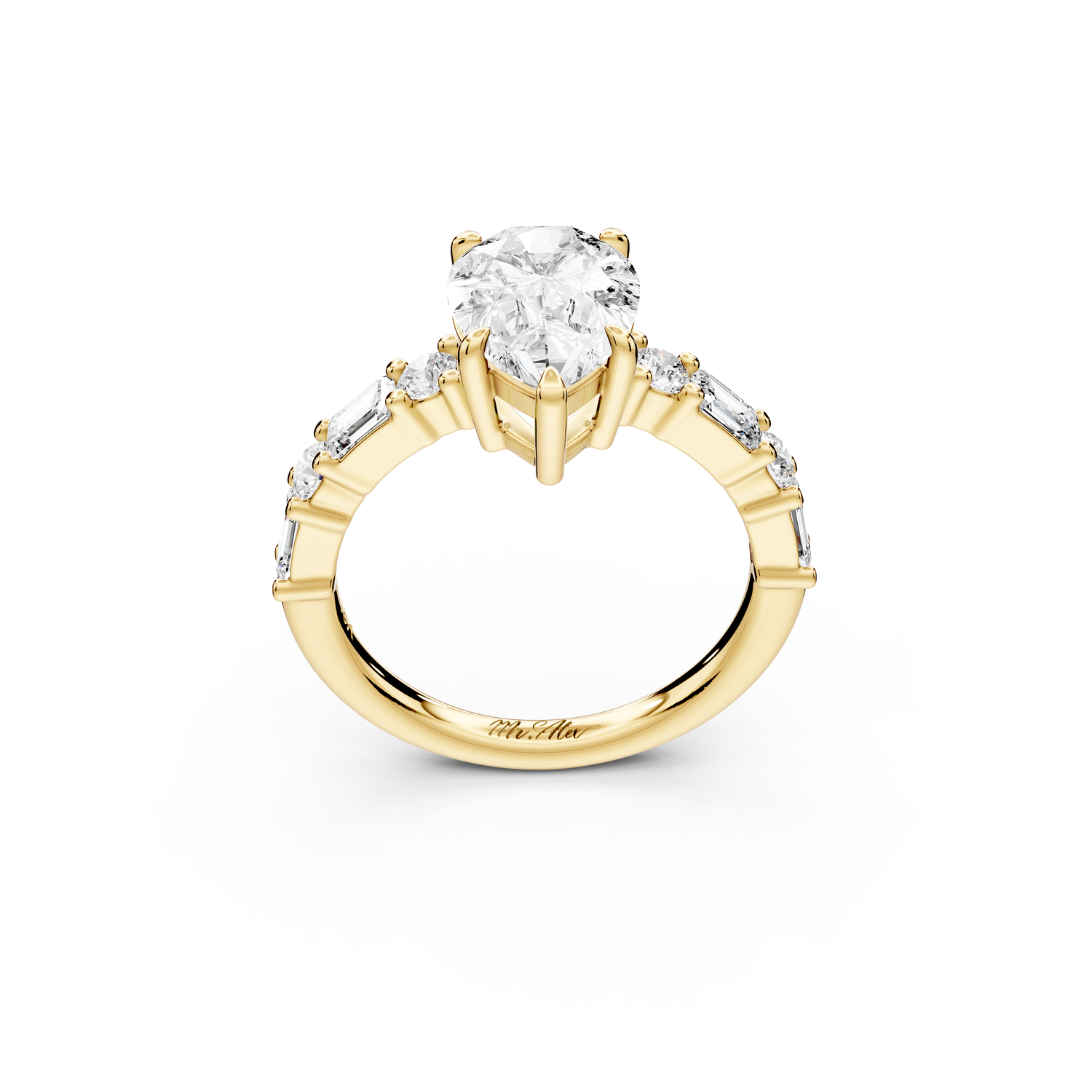 Juliette - 2ct 14k yellow gold pear with Alternating Round and Emerald 8-Stone Band Engagement Ring