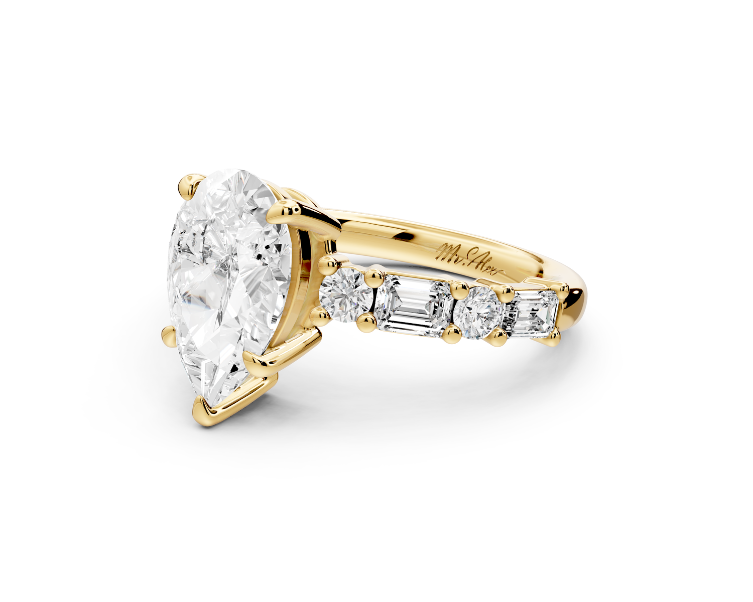 Juliette - 2ct 14k yellow gold pear with Alternating Round and Emerald 8-Stone Band Engagement Ring