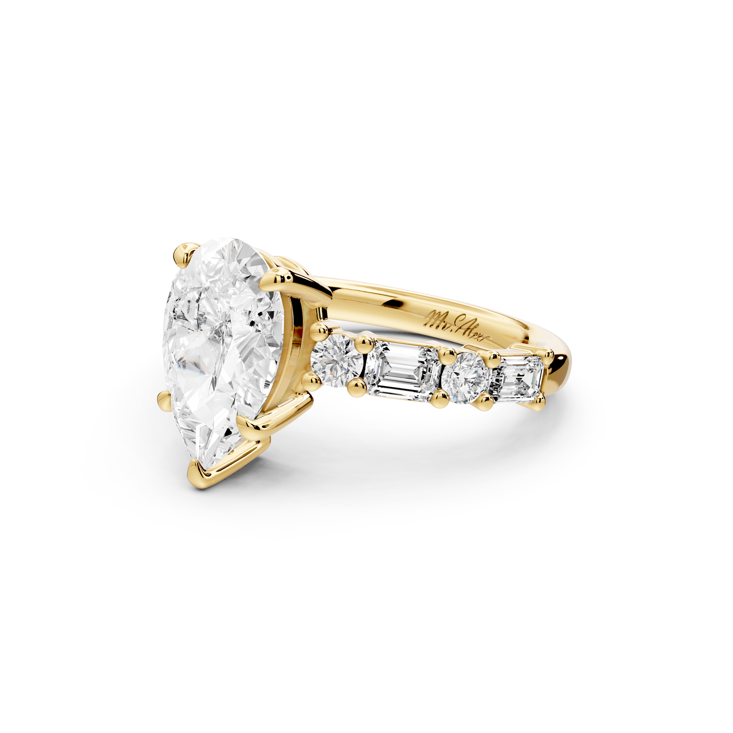 Juliette - 2ct 14k yellow gold pear with Alternating Round and Emerald 8-Stone Band Engagement Ring