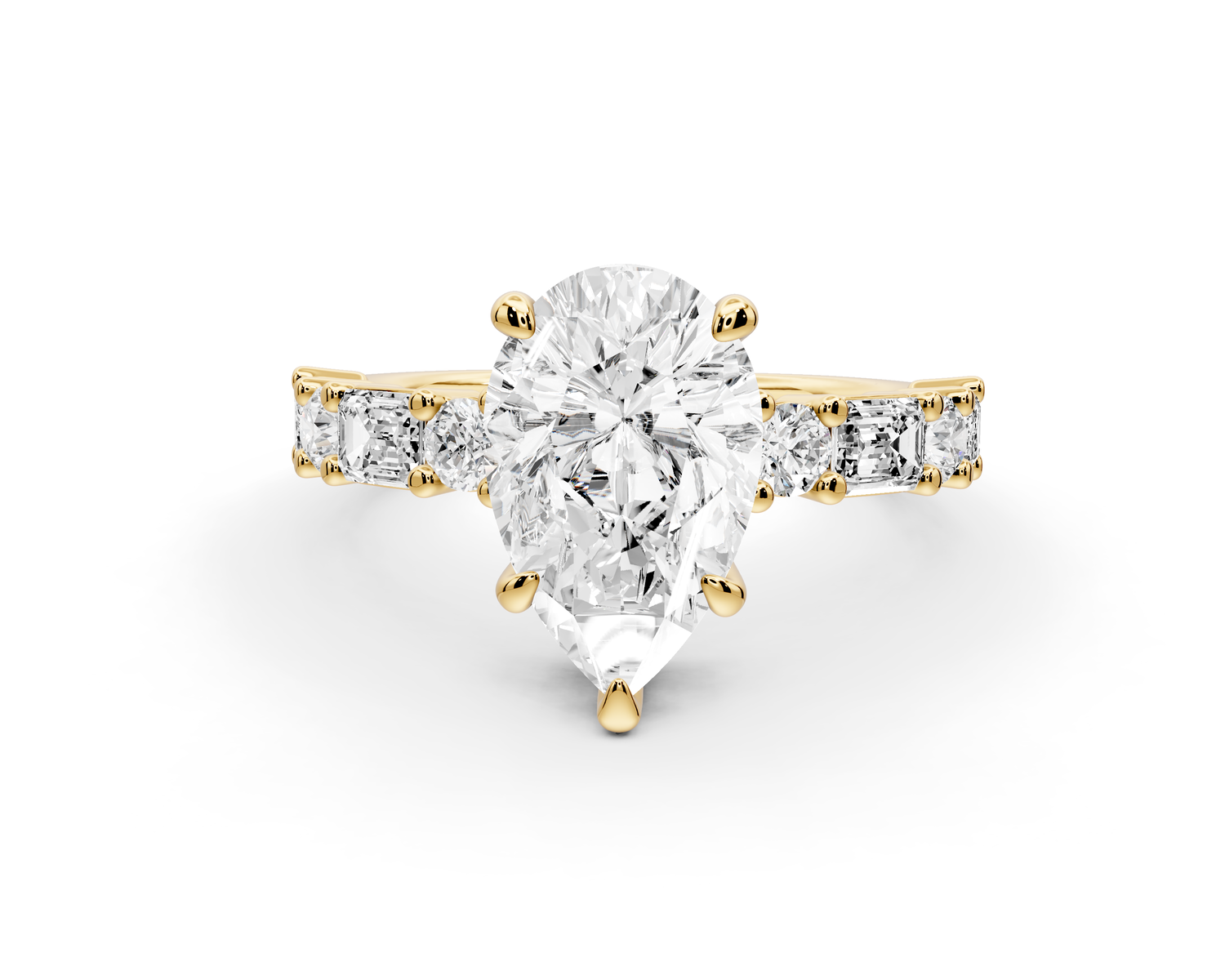 Juliette - 2ct 14k yellow gold pear with Alternating Round and Emerald 8-Stone Band Engagement Ring