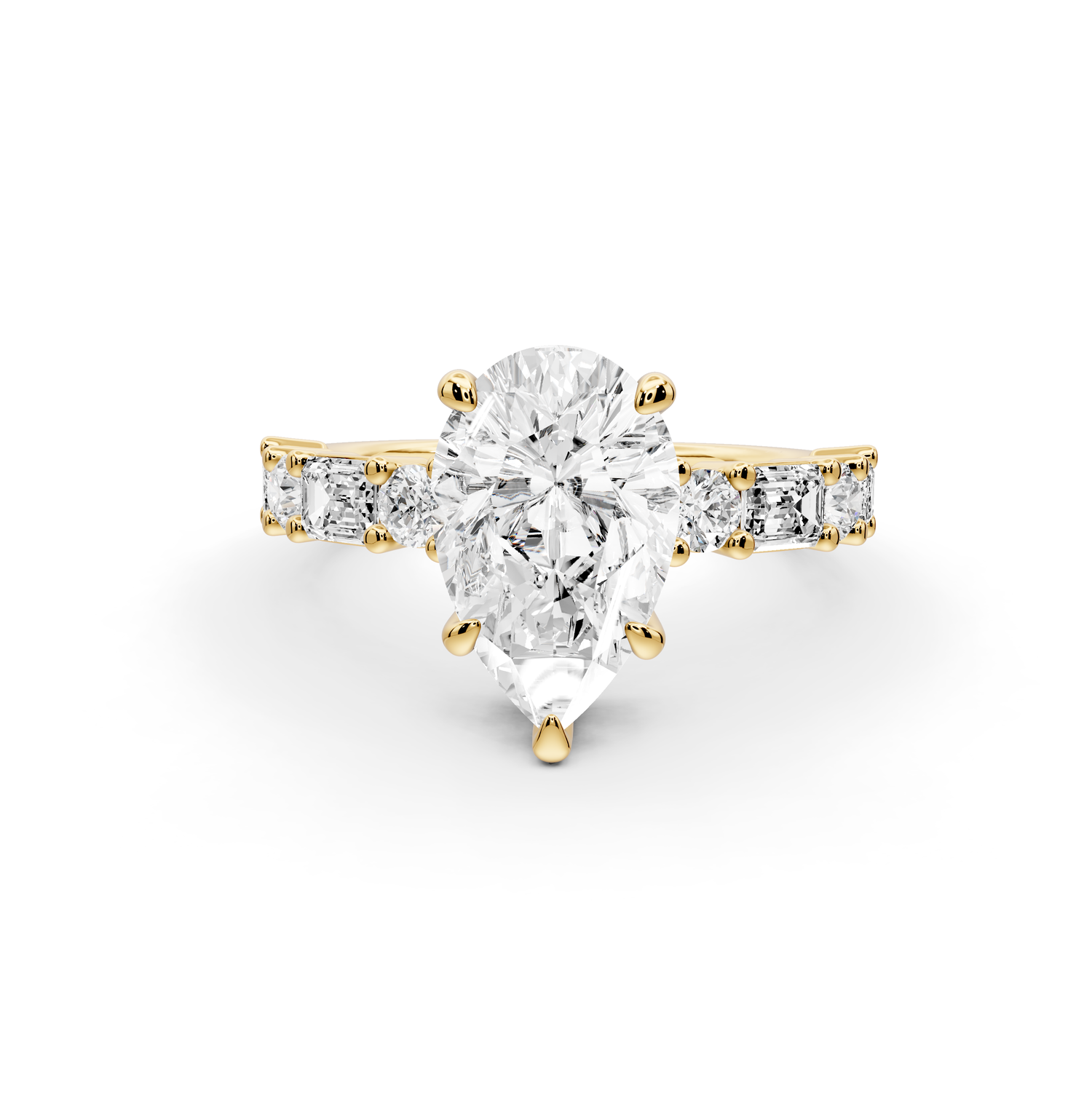 Juliette - 2ct 14k yellow gold pear with Alternating Round and Emerald 8-Stone Band Engagement Ring