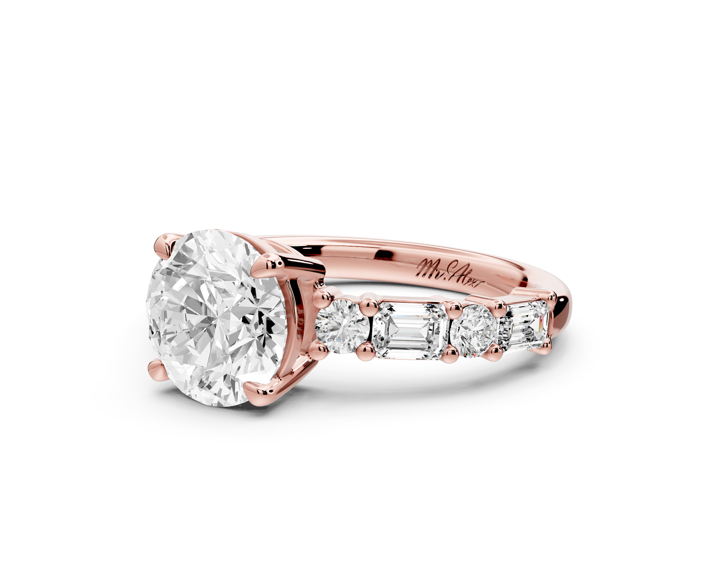 Juliette - 2ct 14k rose gold round with Alternating Round and Emerald 8-Stone Band Engagement Ring