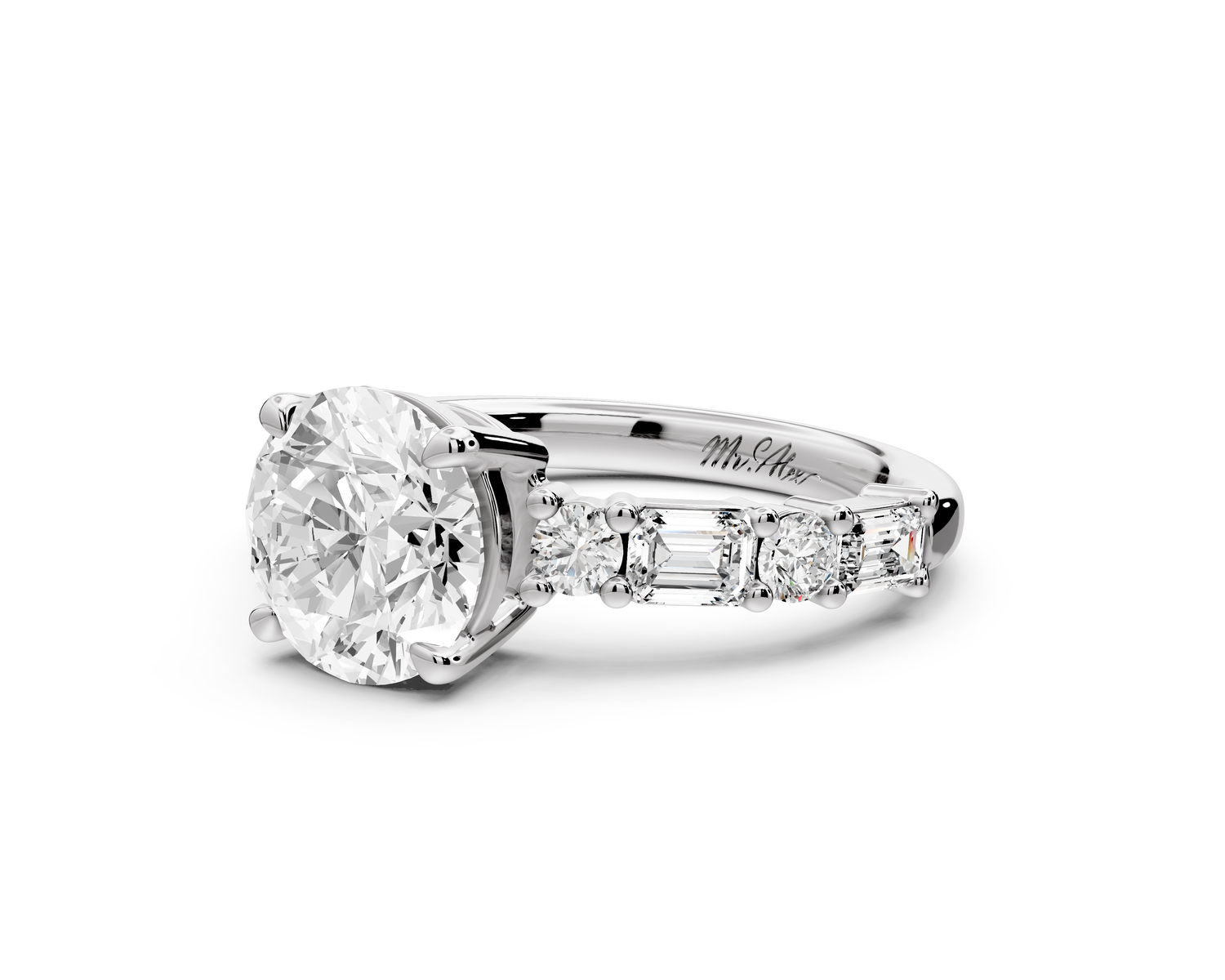 Juliette - 2ct 14k white gold round with Alternating Round and Emerald 8-Stone Band Engagement Ring