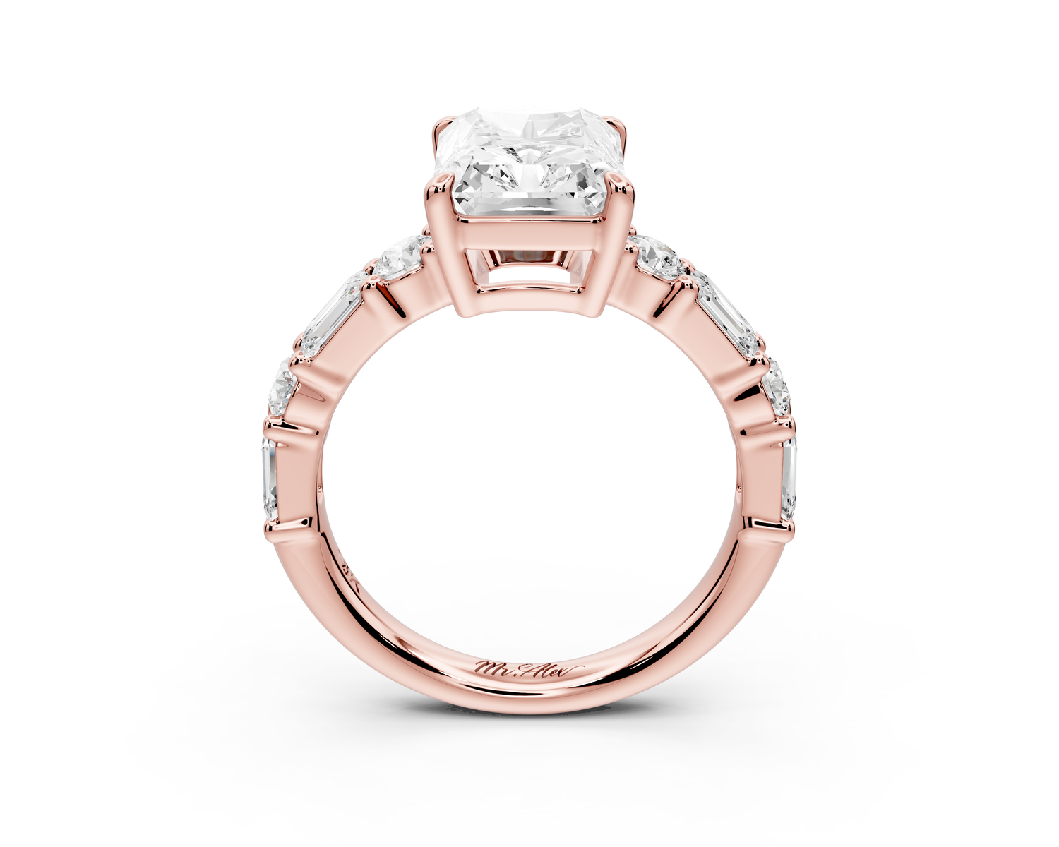 Juliette - 3ct 14k rose gold emerald with Alternating Round and Emerald 8-Stone Band Engagement Ring