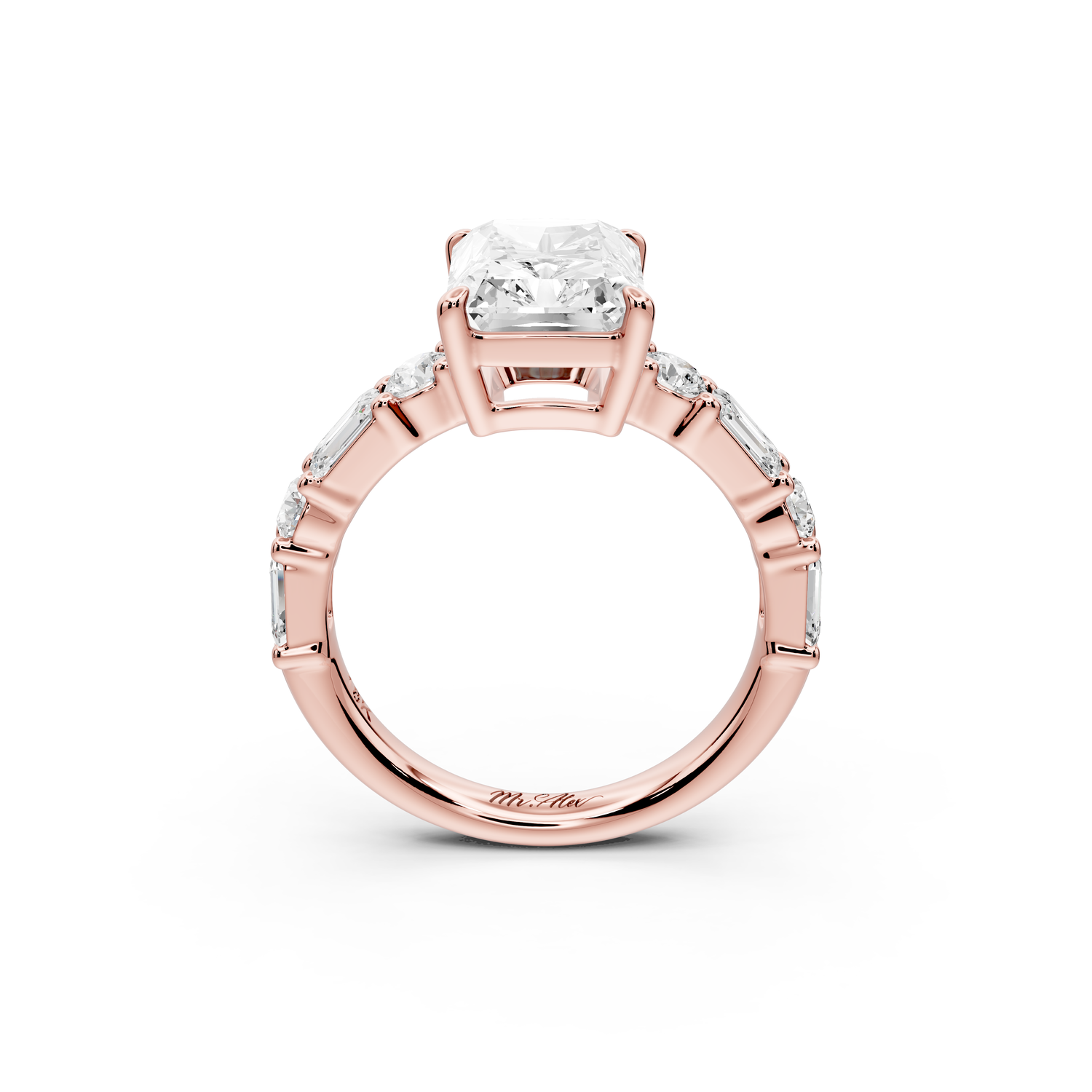 Juliette - 3ct 14k rose gold emerald with Alternating Round and Emerald 8-Stone Band Engagement Ring