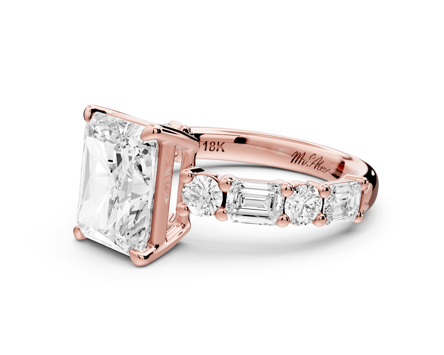 Juliette - 3ct 14k rose gold emerald with Alternating Round and Emerald 8-Stone Band Engagement Ring
