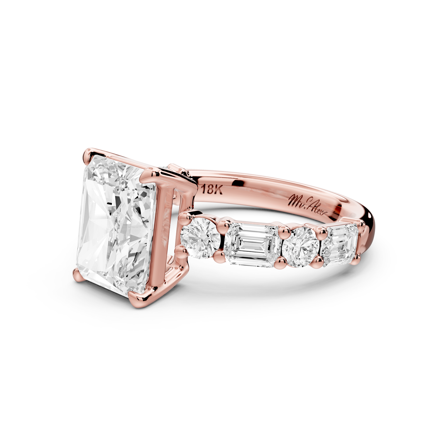 Juliette - 3ct 14k rose gold emerald with Alternating Round and Emerald 8-Stone Band Engagement Ring