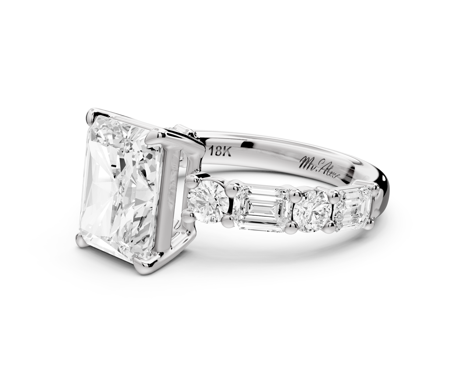 Juliette - 3ct 14k white gold emerald with Alternating Round and Emerald 8-Stone Band Engagement Ring