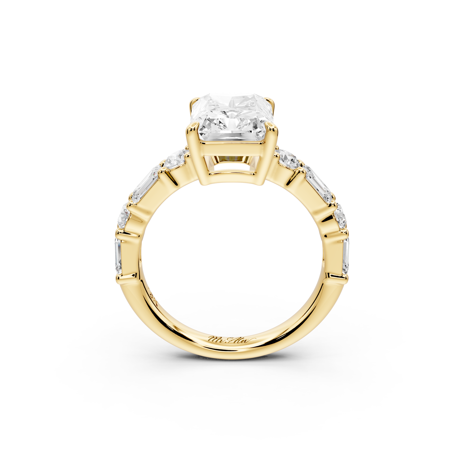 Juliette - 3ct 14k yellow gold emerald with Alternating Round and Emerald 8-Stone Band Engagement Ring