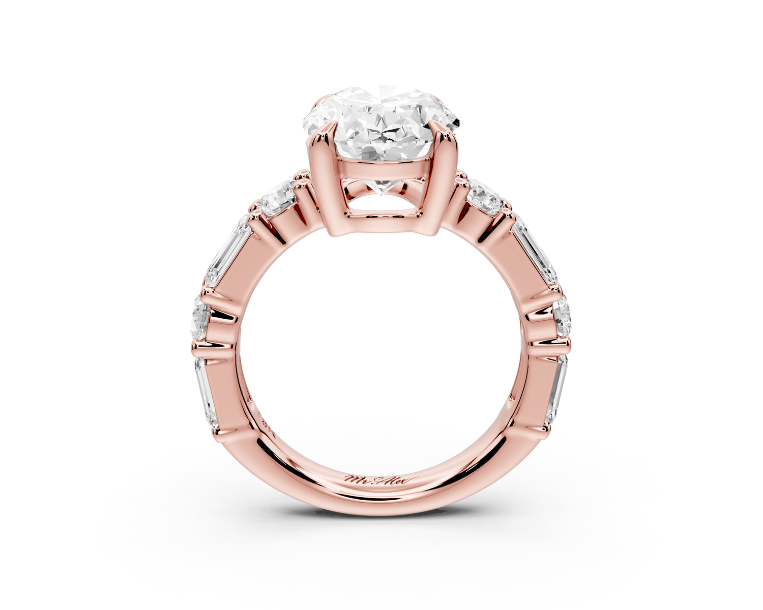 Juliette - 3ct 14k rose gold oval with Alternating Round and Emerald 8-Stone Band Engagement Ring