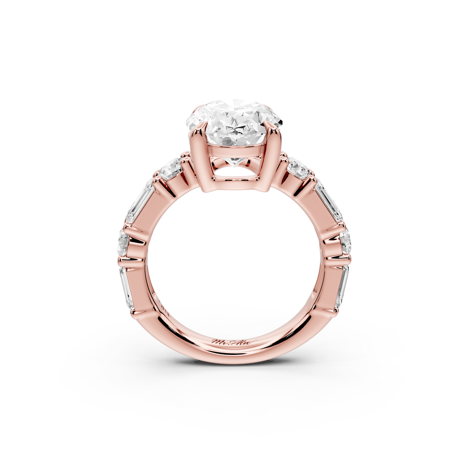 Juliette - 3ct 14k rose gold oval with Alternating Round and Emerald 8-Stone Band Engagement Ring