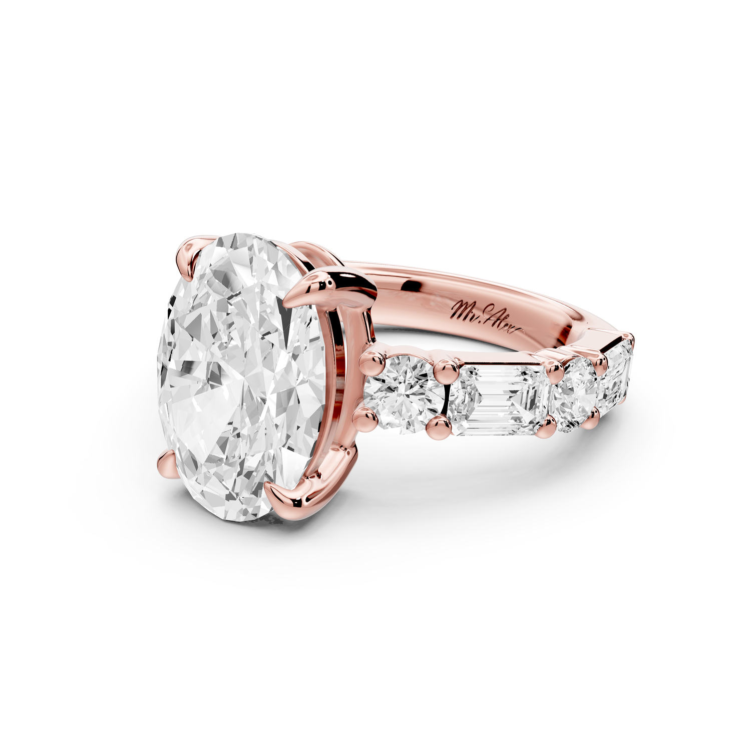 Juliette - 3ct 14k rose gold oval with Alternating Round and Emerald 8-Stone Band Engagement Ring