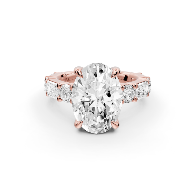 Juliette - 3ct 14k rose gold oval with Alternating Round and Emerald 8-Stone Band Engagement Ring