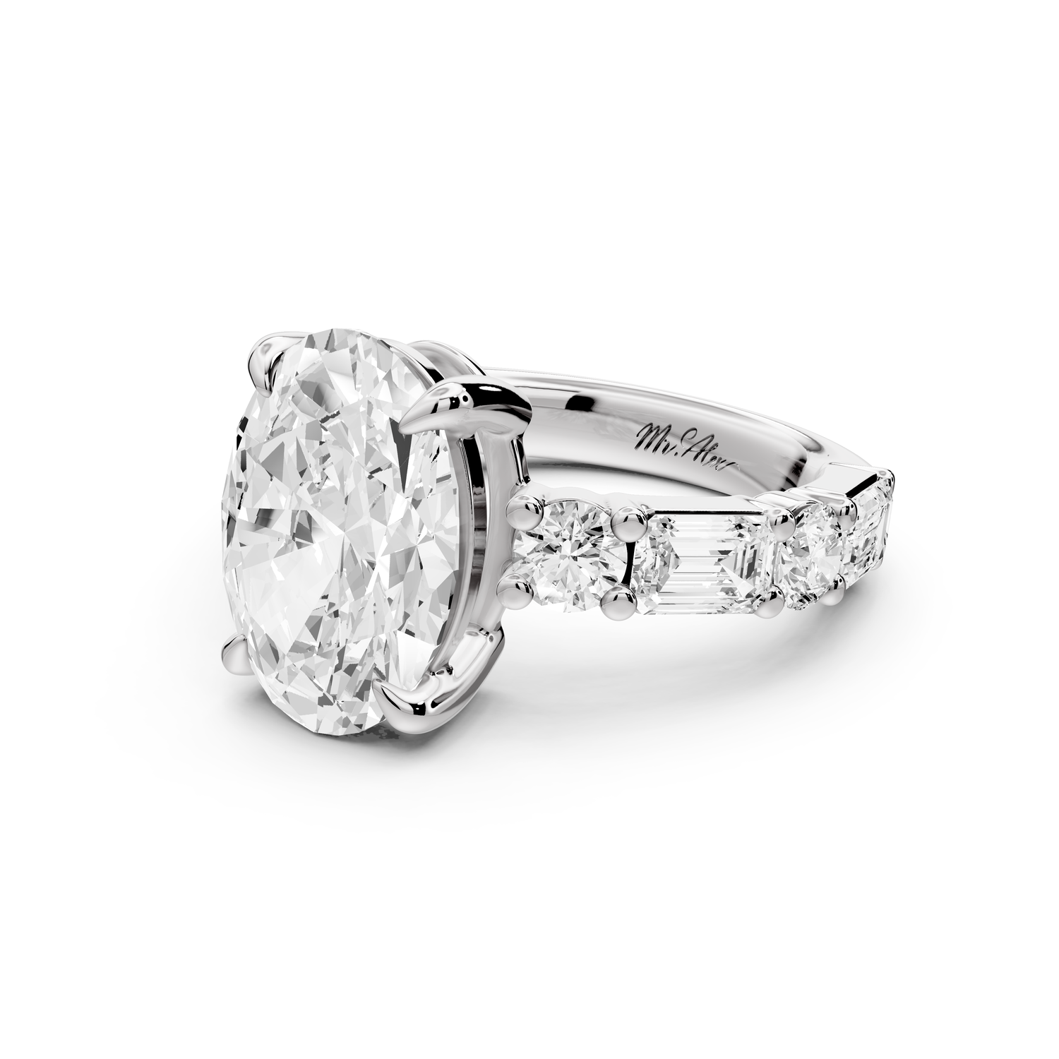 Juliette - 3ct 14k white gold oval with Alternating Round and Emerald 8-Stone Band Engagement Ring
