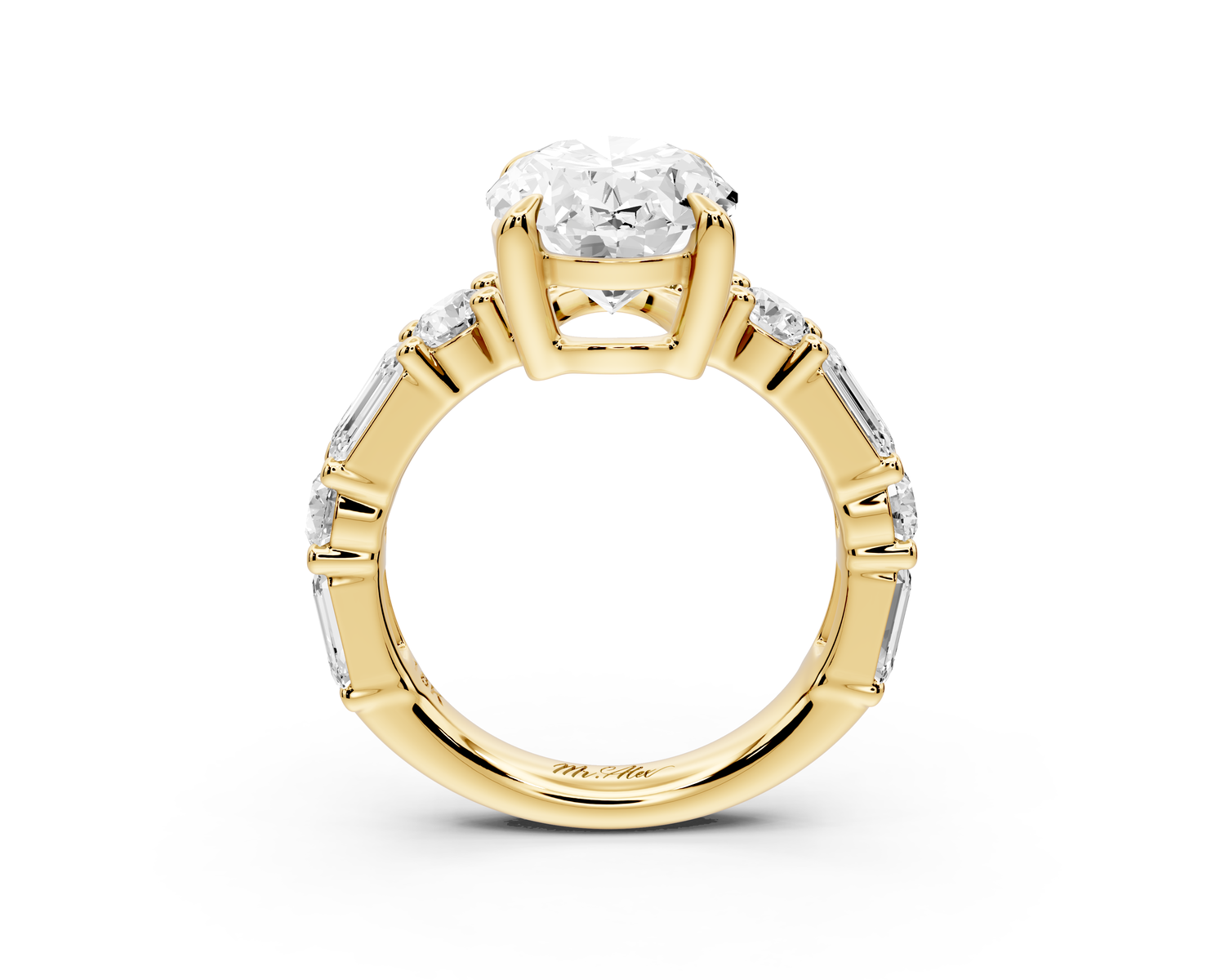 Juliette - 3ct 14k yellow gold oval with Alternating Round and Emerald 8-Stone Band Engagement Ring