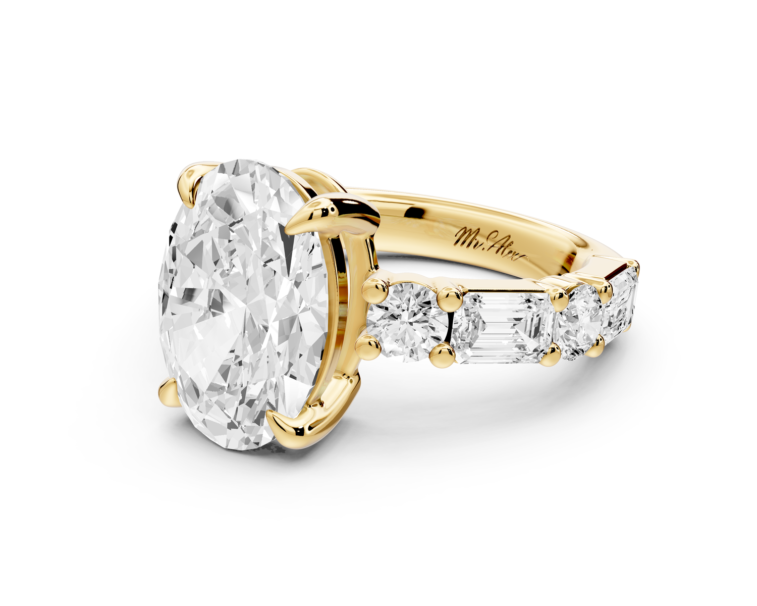 Juliette - 3ct 14k yellow gold oval with Alternating Round and Emerald 8-Stone Band Engagement Ring