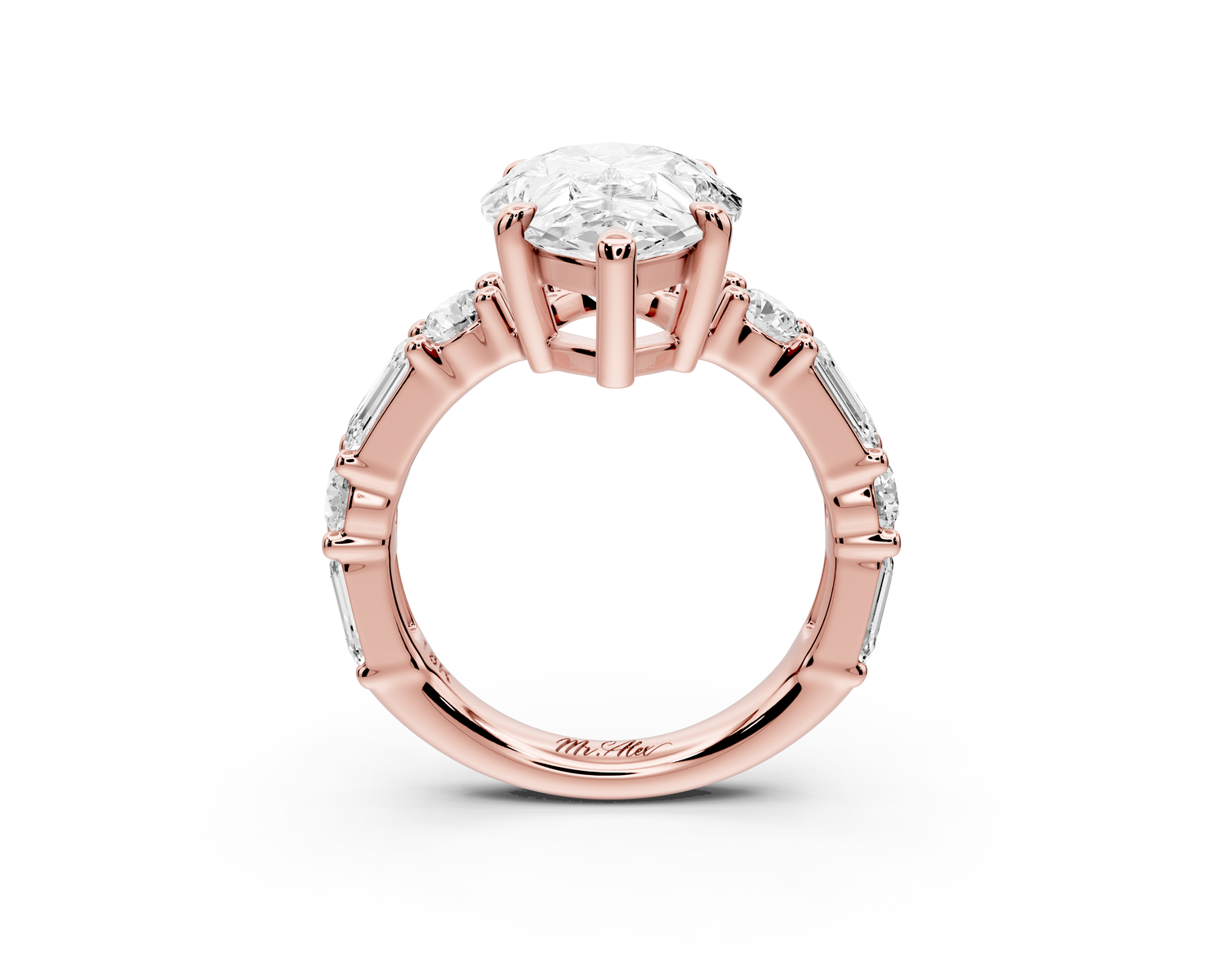 Juliette - 3ct 14k rose gold pear with Alternating Round and Emerald 8-Stone Band Engagement Ring