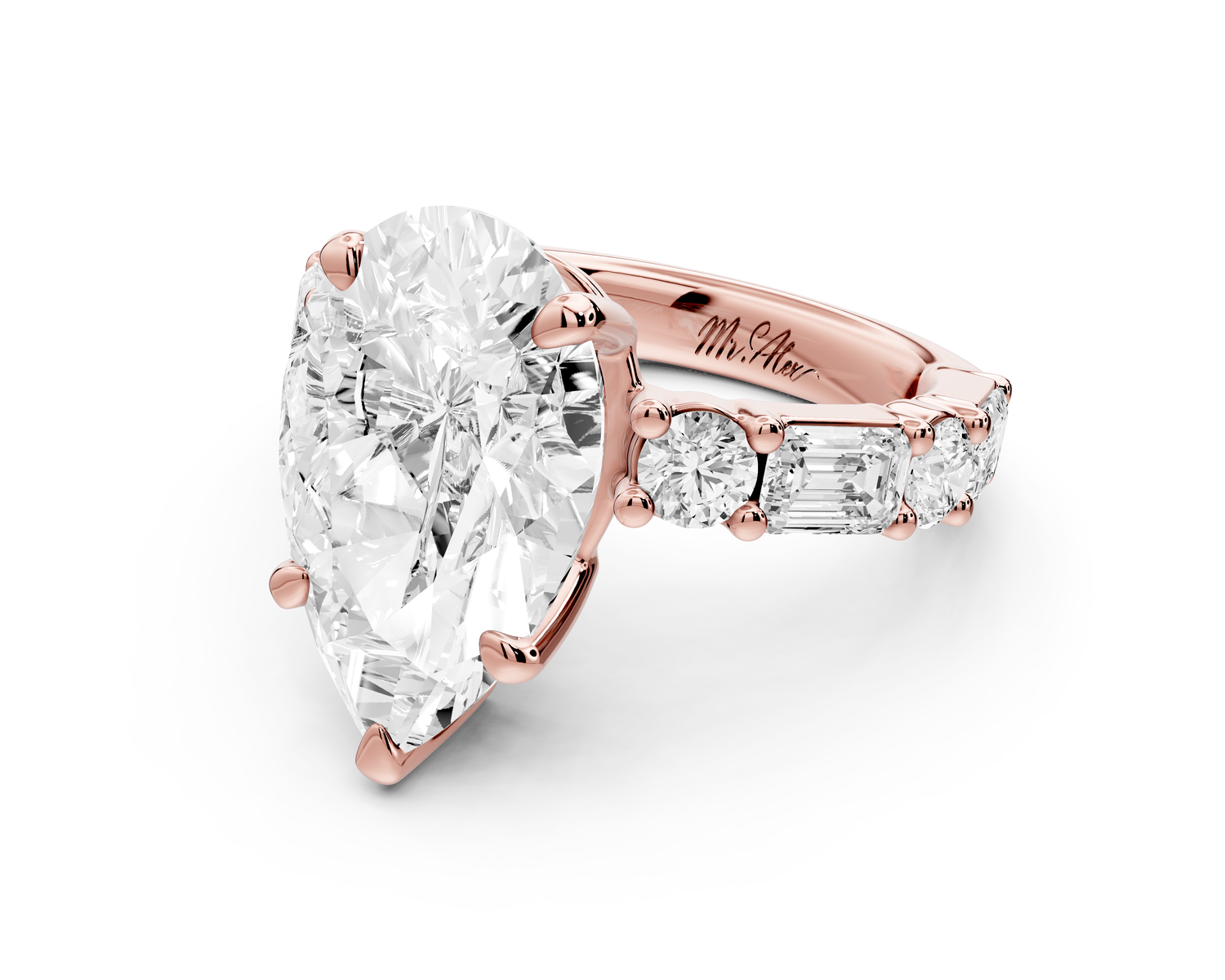 Juliette - 3ct 14k rose gold pear with Alternating Round and Emerald 8-Stone Band Engagement Ring