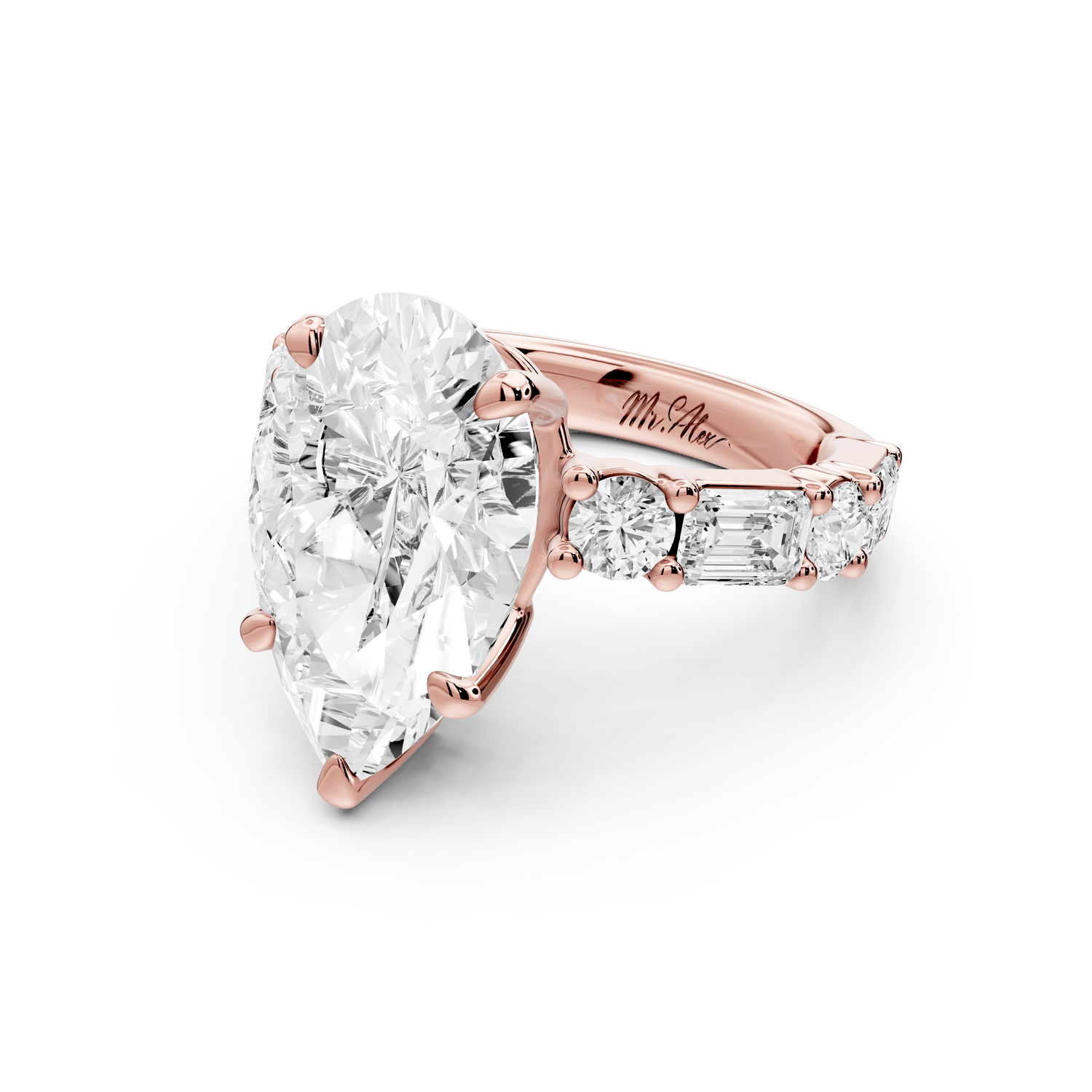 Juliette - 3ct 14k rose gold pear with Alternating Round and Emerald 8-Stone Band Engagement Ring