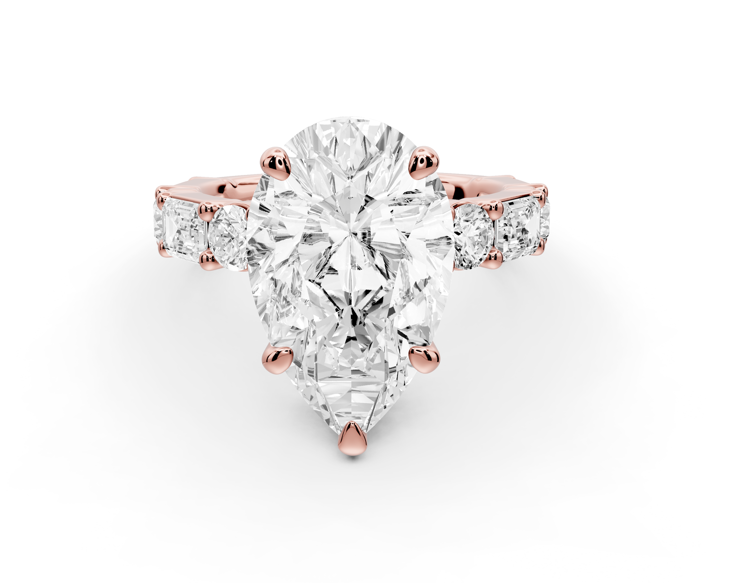 Juliette - 3ct 14k rose gold pear with Alternating Round and Emerald 8-Stone Band Engagement Ring