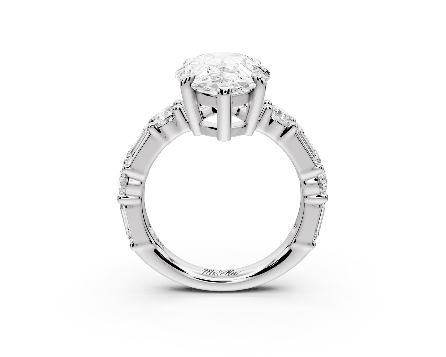 Juliette - 3ct 14k white gold pear with Alternating Round and Emerald 8-Stone Band Engagement Ring