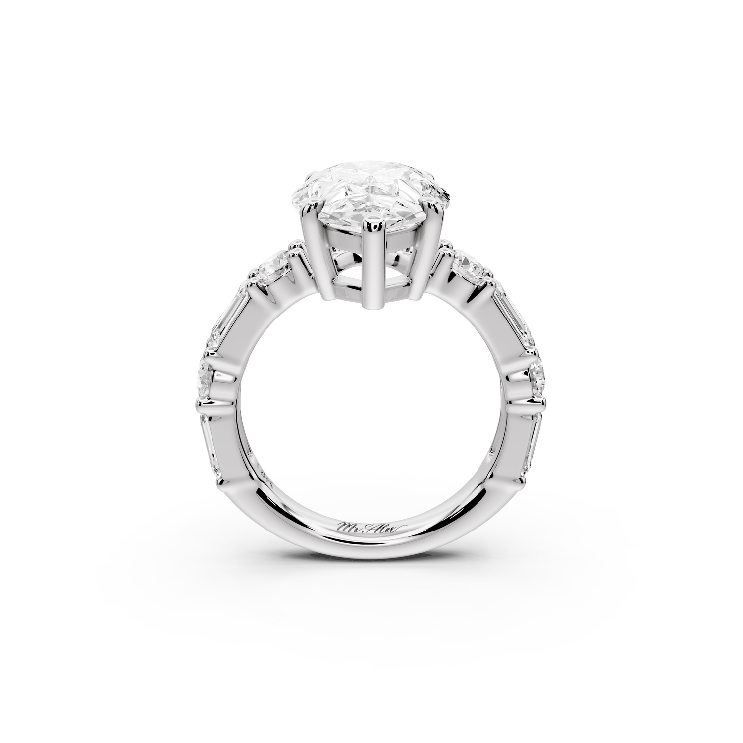 Juliette - 3ct 14k white gold pear with Alternating Round and Emerald 8-Stone Band Engagement Ring